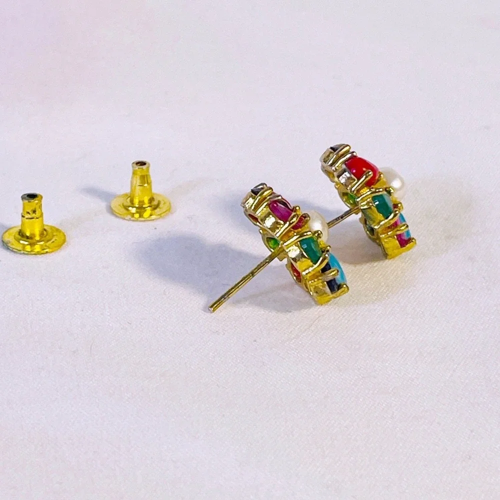 Vintage Multicolor Flower Stud Earrings Gold Tone Faux Pearl Jewel Tone‎ Floral